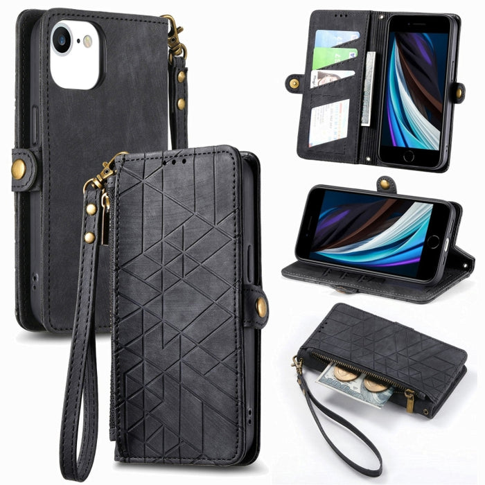 Estuche de teléfono de cuero con hebilla lateral de billetera con cremallera geométrica, For iPhone 14 Pro Max, For iPhone 7 / 8 / SE 2022, For iPhone 13 Pro Max, For iPhone 13 Pro, For iPhone 13, For iPhone 12 / 12 Pro, For iPhone 12 Pro Max          ...