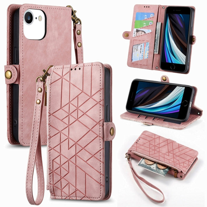 Estuche de teléfono de cuero con hebilla lateral de billetera con cremallera geométrica, For iPhone 14 Pro Max, For iPhone 7 / 8 / SE 2022, For iPhone 13 Pro Max, For iPhone 13 Pro, For iPhone 13, For iPhone 12 / 12 Pro, For iPhone 12 Pro Max          ...
