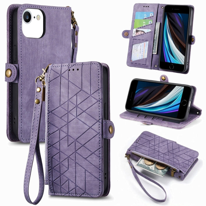Estuche de teléfono de cuero con hebilla lateral de billetera con cremallera geométrica, For iPhone 14 Pro Max, For iPhone 7 / 8 / SE 2022, For iPhone 13 Pro Max, For iPhone 13 Pro, For iPhone 13, For iPhone 12 / 12 Pro, For iPhone 12 Pro Max          ...