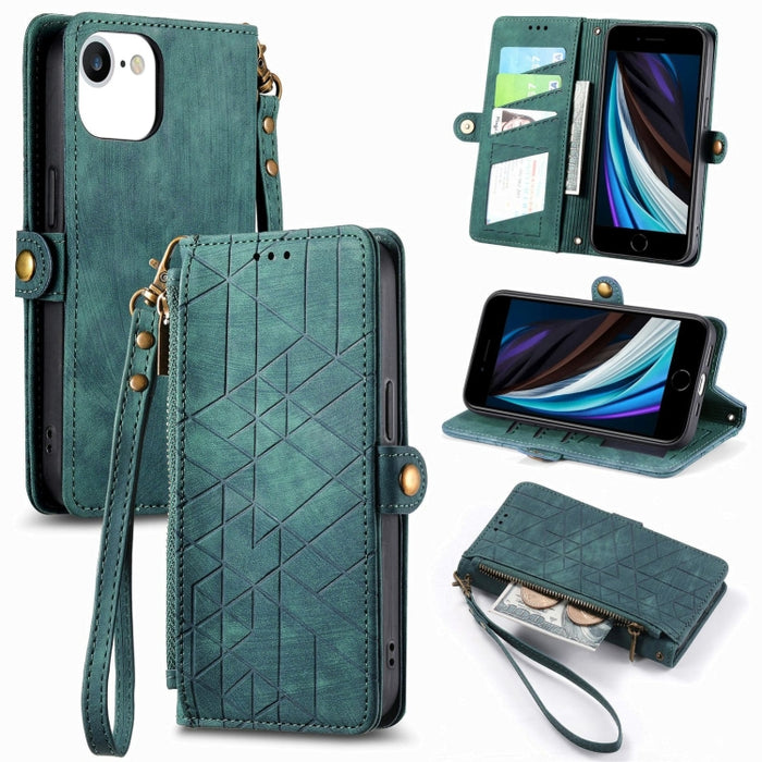 Estuche de teléfono de cuero con hebilla lateral de billetera con cremallera geométrica, For iPhone 14 Pro Max, For iPhone 7 / 8 / SE 2022, For iPhone 13 Pro Max, For iPhone 13 Pro, For iPhone 13, For iPhone 12 / 12 Pro, For iPhone 12 Pro Max          ...