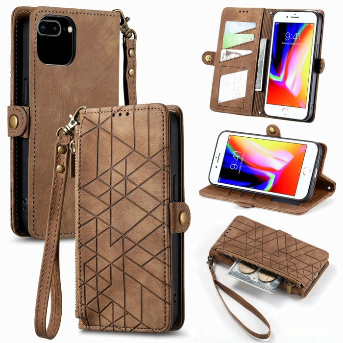 Estuche de teléfono de cuero con hebilla lateral de billetera con cremallera geométrica, For iPhone 14 Pro Max, For iPhone 7 / 8 / SE 2022, For iPhone 13 Pro Max, For iPhone 13 Pro, For iPhone 13, For iPhone 12 / 12 Pro, For iPhone 12 Pro Max          ...