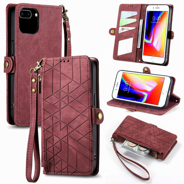 Estuche de teléfono de cuero con hebilla lateral de billetera con cremallera geométrica, For iPhone 14 Pro Max, For iPhone 7 / 8 / SE 2022, For iPhone 13 Pro Max, For iPhone 13 Pro, For iPhone 13, For iPhone 12 / 12 Pro, For iPhone 12 Pro Max          ...