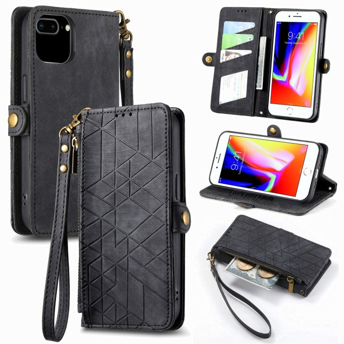 Estuche de teléfono de cuero con hebilla lateral de billetera con cremallera geométrica, For iPhone 14 Pro Max, For iPhone 7 / 8 / SE 2022, For iPhone 13 Pro Max, For iPhone 13 Pro, For iPhone 13, For iPhone 12 / 12 Pro, For iPhone 12 Pro Max          ...
