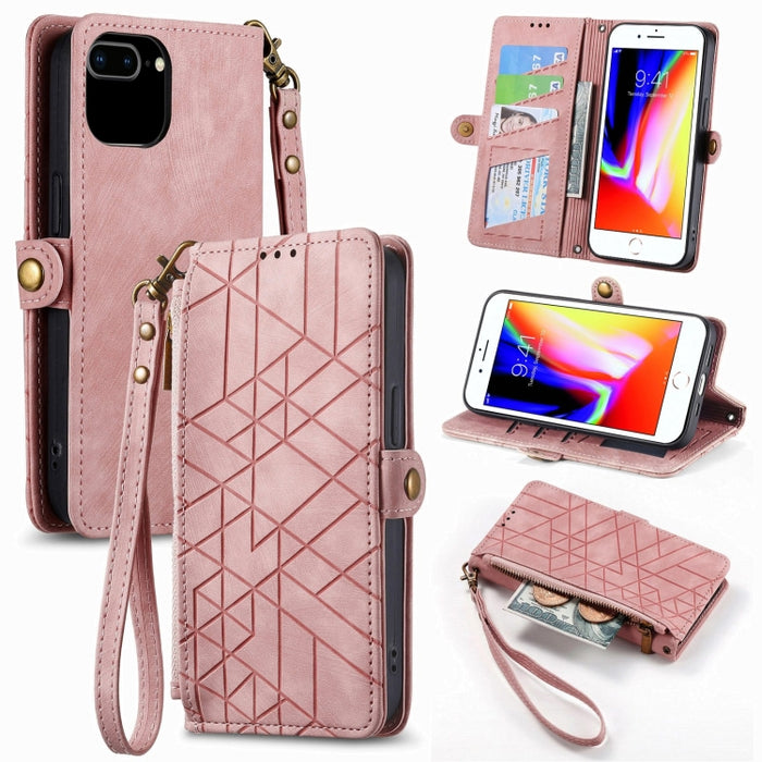 Estuche de teléfono de cuero con hebilla lateral de billetera con cremallera geométrica, For iPhone 14 Pro Max, For iPhone 7 / 8 / SE 2022, For iPhone 13 Pro Max, For iPhone 13 Pro, For iPhone 13, For iPhone 12 / 12 Pro, For iPhone 12 Pro Max          ...