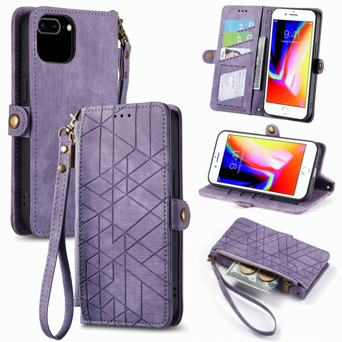 Estuche de teléfono de cuero con hebilla lateral de billetera con cremallera geométrica, For iPhone 14 Pro Max, For iPhone 7 / 8 / SE 2022, For iPhone 13 Pro Max, For iPhone 13 Pro, For iPhone 13, For iPhone 12 / 12 Pro, For iPhone 12 Pro Max          ...