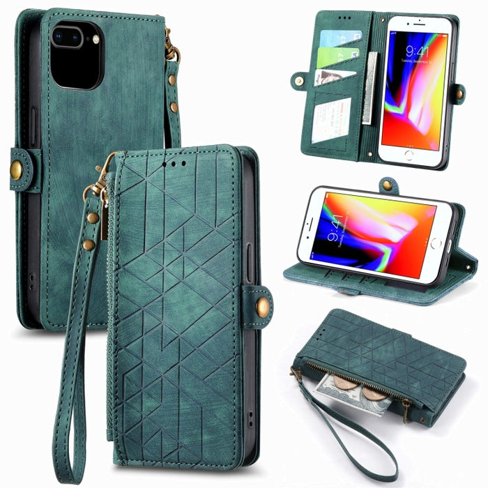 Estuche de teléfono de cuero con hebilla lateral de billetera con cremallera geométrica, For iPhone 14 Pro Max, For iPhone 7 / 8 / SE 2022, For iPhone 13 Pro Max, For iPhone 13 Pro, For iPhone 13, For iPhone 12 / 12 Pro, For iPhone 12 Pro Max          ...