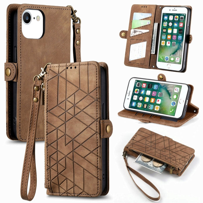 Estuche de teléfono de cuero con hebilla lateral de billetera con cremallera geométrica, For iPhone 14 Pro Max, For iPhone 7 / 8 / SE 2022, For iPhone 13 Pro Max, For iPhone 13 Pro, For iPhone 13, For iPhone 12 / 12 Pro, For iPhone 12 Pro Max          ...