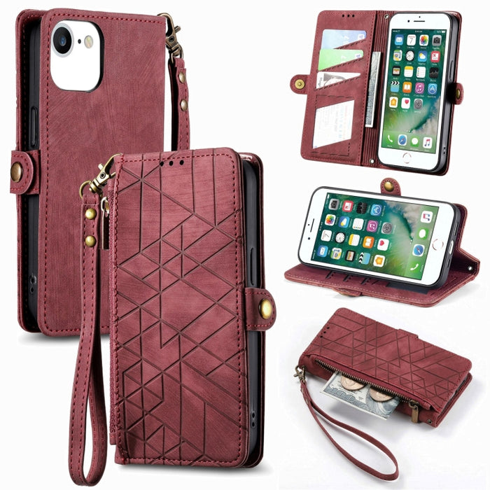 Estuche de teléfono de cuero con hebilla lateral de billetera con cremallera geométrica, For iPhone 14 Pro Max, For iPhone 7 / 8 / SE 2022, For iPhone 13 Pro Max, For iPhone 13 Pro, For iPhone 13, For iPhone 12 / 12 Pro, For iPhone 12 Pro Max          ...
