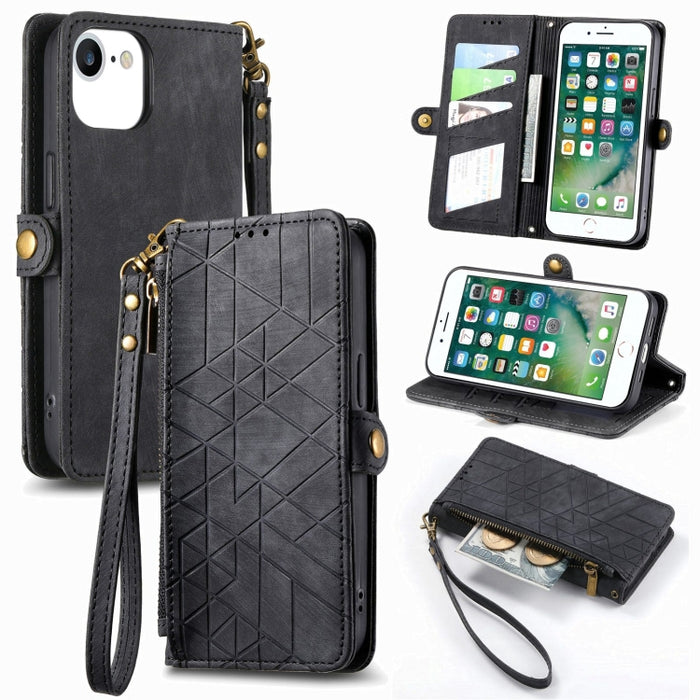 Estuche de teléfono de cuero con hebilla lateral de billetera con cremallera geométrica, For iPhone 14 Pro Max, For iPhone 7 / 8 / SE 2022, For iPhone 13 Pro Max, For iPhone 13 Pro, For iPhone 13, For iPhone 12 / 12 Pro, For iPhone 12 Pro Max          ...