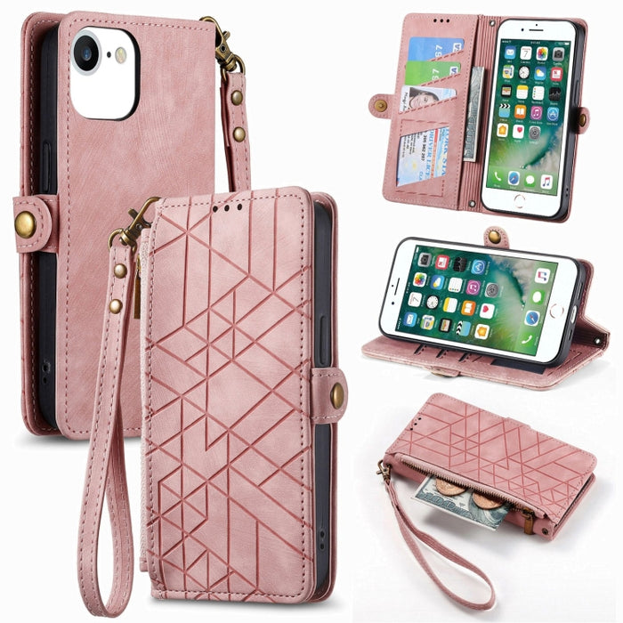 Estuche de teléfono de cuero con hebilla lateral de billetera con cremallera geométrica, For iPhone 14 Pro Max, For iPhone 7 / 8 / SE 2022, For iPhone 13 Pro Max, For iPhone 13 Pro, For iPhone 13, For iPhone 12 / 12 Pro, For iPhone 12 Pro Max          ...