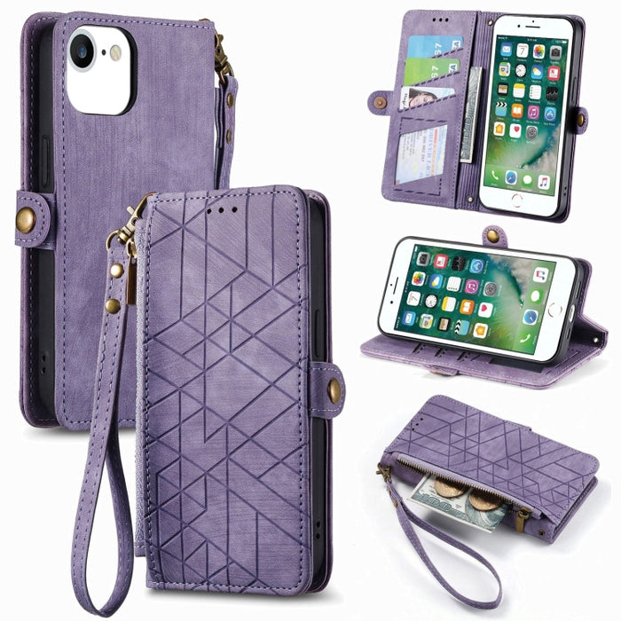 Estuche de teléfono de cuero con hebilla lateral de billetera con cremallera geométrica, For iPhone 14 Pro Max, For iPhone 7 / 8 / SE 2022, For iPhone 13 Pro Max, For iPhone 13 Pro, For iPhone 13, For iPhone 12 / 12 Pro, For iPhone 12 Pro Max          ...