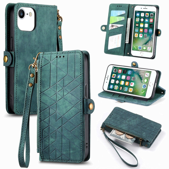 Estuche de teléfono de cuero con hebilla lateral de billetera con cremallera geométrica, For iPhone 14 Pro Max, For iPhone 7 / 8 / SE 2022, For iPhone 13 Pro Max, For iPhone 13 Pro, For iPhone 13, For iPhone 12 / 12 Pro, For iPhone 12 Pro Max          ...