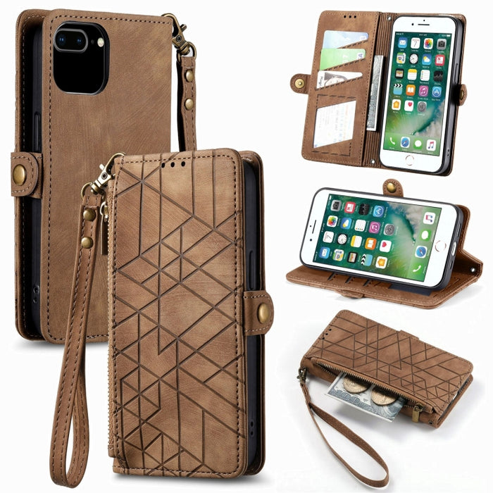Estuche de teléfono de cuero con hebilla lateral de billetera con cremallera geométrica, For iPhone 14 Pro Max, For iPhone 7 / 8 / SE 2022, For iPhone 13 Pro Max, For iPhone 13 Pro, For iPhone 13, For iPhone 12 / 12 Pro, For iPhone 12 Pro Max          ...