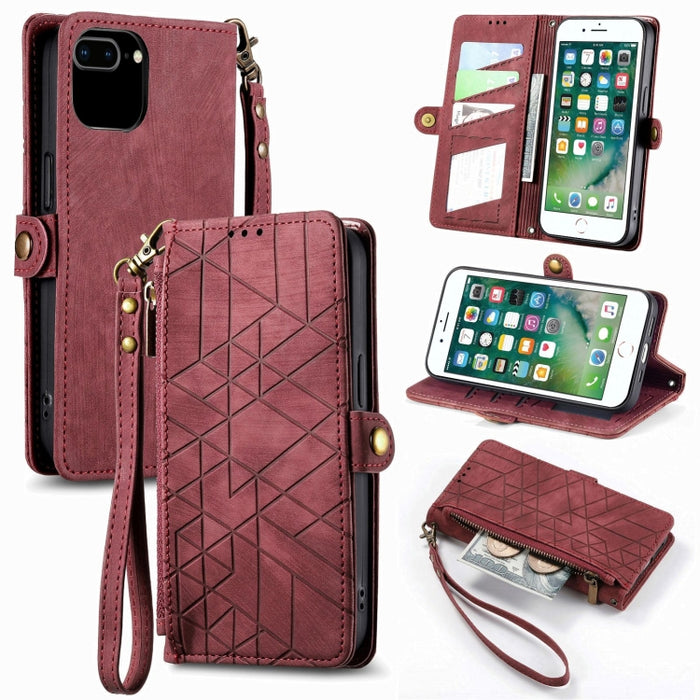 Estuche de teléfono de cuero con hebilla lateral de billetera con cremallera geométrica, For iPhone 14 Pro Max, For iPhone 7 / 8 / SE 2022, For iPhone 13 Pro Max, For iPhone 13 Pro, For iPhone 13, For iPhone 12 / 12 Pro, For iPhone 12 Pro Max          ...