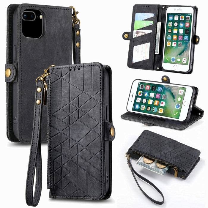 Estuche de teléfono de cuero con hebilla lateral de billetera con cremallera geométrica, For iPhone 14 Pro Max, For iPhone 7 / 8 / SE 2022, For iPhone 13 Pro Max, For iPhone 13 Pro, For iPhone 13, For iPhone 12 / 12 Pro, For iPhone 12 Pro Max          ...