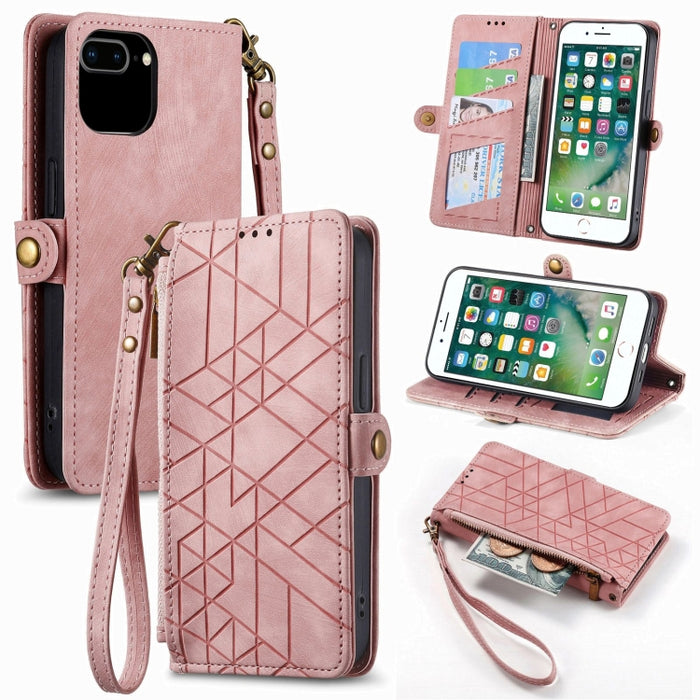 Estuche de teléfono de cuero con hebilla lateral de billetera con cremallera geométrica, For iPhone 14 Pro Max, For iPhone 7 / 8 / SE 2022, For iPhone 13 Pro Max, For iPhone 13 Pro, For iPhone 13, For iPhone 12 / 12 Pro, For iPhone 12 Pro Max          ...