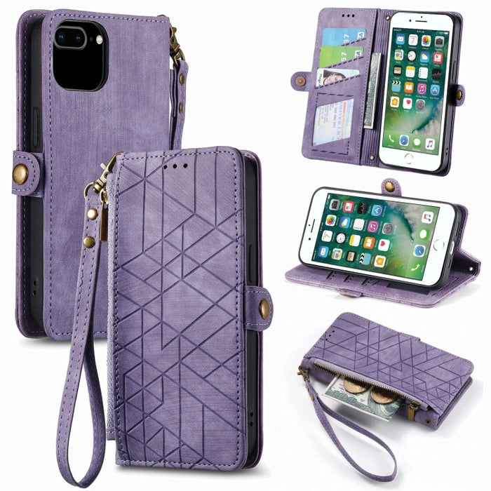 Estuche de teléfono de cuero con hebilla lateral de billetera con cremallera geométrica, For iPhone 14 Pro Max, For iPhone 7 / 8 / SE 2022, For iPhone 13 Pro Max, For iPhone 13 Pro, For iPhone 13, For iPhone 12 / 12 Pro, For iPhone 12 Pro Max          ...