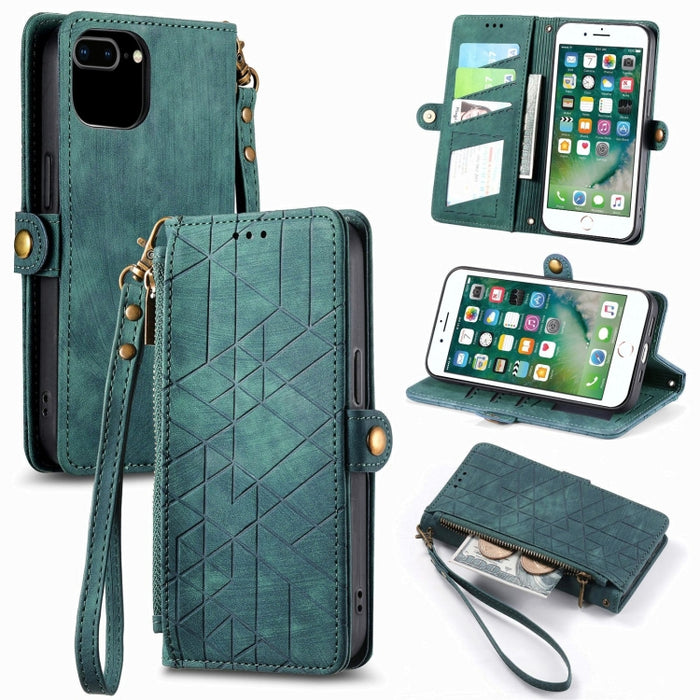 Estuche de teléfono de cuero con hebilla lateral de billetera con cremallera geométrica, For iPhone 14 Pro Max, For iPhone 7 / 8 / SE 2022, For iPhone 13 Pro Max, For iPhone 13 Pro, For iPhone 13, For iPhone 12 / 12 Pro, For iPhone 12 Pro Max          ...