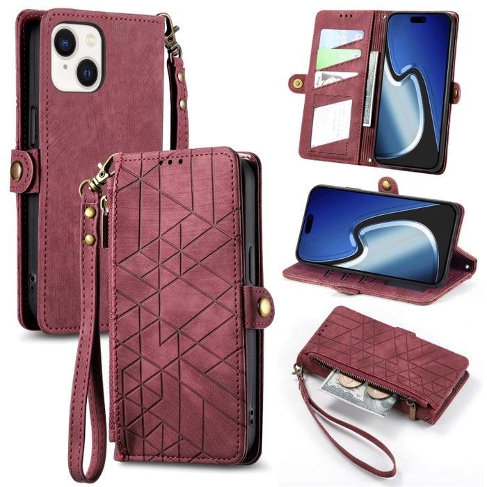 Estuche de teléfono de cuero con hebilla lateral de billetera con cremallera geométrica, For iPhone 17e / 16e, For iPhone 17 Pro Max, For iPhone 17 Pro, For iPhone 17, For iPhone Air, For iPhone 16 Pro Max, For iPhone 16 Pro, For iPhone 16 Plus        ...