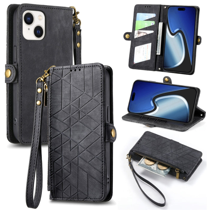 Estuche de teléfono de cuero con hebilla lateral de billetera con cremallera geométrica, For iPhone 17e / 16e, For iPhone 17 Pro Max, For iPhone 17 Pro, For iPhone 17, For iPhone Air, For iPhone 16 Pro Max, For iPhone 16 Pro, For iPhone 16 Plus        ...