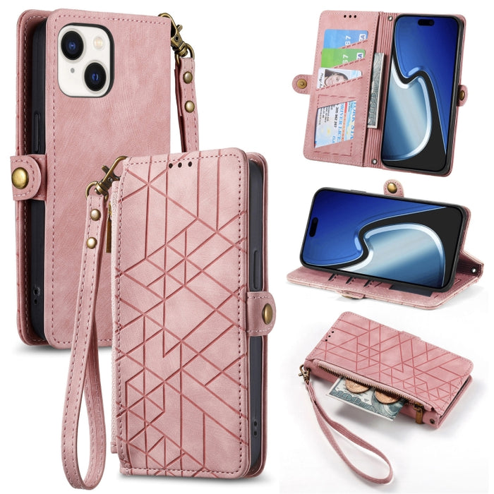 Estuche de teléfono de cuero con hebilla lateral de billetera con cremallera geométrica, For iPhone 17e / 16e, For iPhone 17 Pro Max, For iPhone 17 Pro, For iPhone 17, For iPhone Air, For iPhone 16 Pro Max, For iPhone 16 Pro, For iPhone 16 Plus        ...