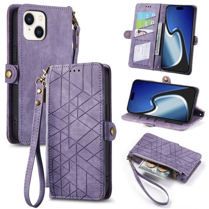 Estuche de teléfono de cuero con hebilla lateral de billetera con cremallera geométrica, For iPhone 17e / 16e, For iPhone 17 Pro Max, For iPhone 17 Pro, For iPhone 17, For iPhone Air, For iPhone 16 Pro Max, For iPhone 16 Pro, For iPhone 16 Plus        ...
