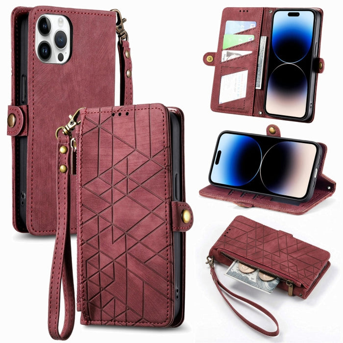 Estuche de teléfono de cuero con hebilla lateral de billetera con cremallera geométrica, For iPhone 17e / 16e, For iPhone 17 Pro Max, For iPhone 17 Pro, For iPhone 17, For iPhone Air, For iPhone 16 Pro Max, For iPhone 16 Pro, For iPhone 16 Plus        ...