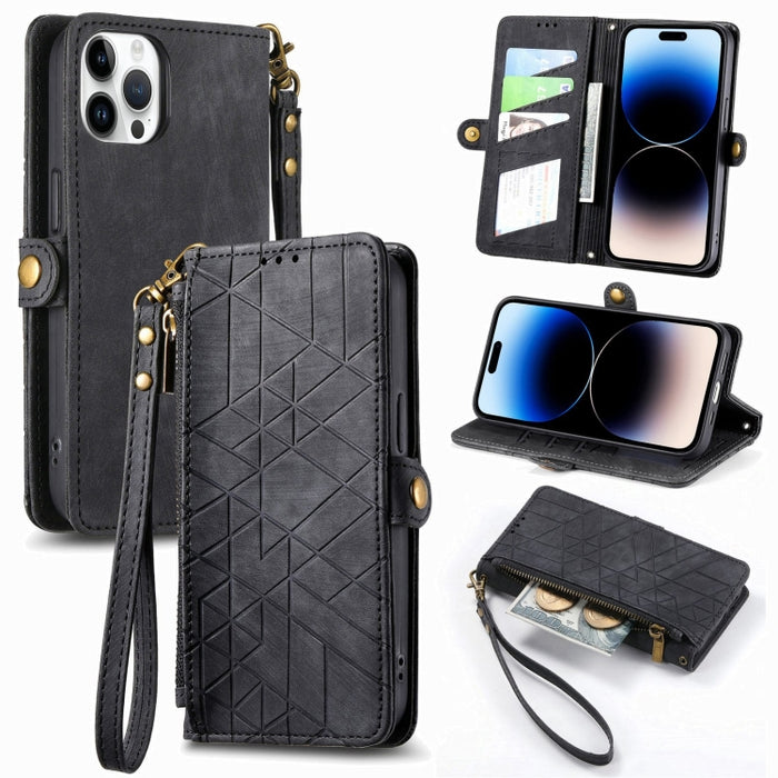 Estuche de teléfono de cuero con hebilla lateral de billetera con cremallera geométrica, For iPhone 17e / 16e, For iPhone 17 Pro Max, For iPhone 17 Pro, For iPhone 17, For iPhone Air, For iPhone 16 Pro Max, For iPhone 16 Pro, For iPhone 16 Plus        ...