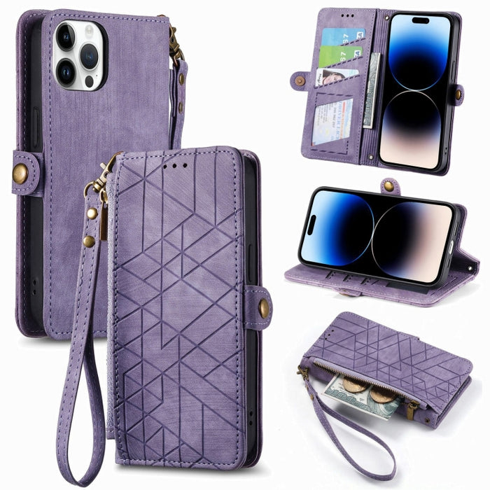 Estuche de teléfono de cuero con hebilla lateral de billetera con cremallera geométrica, For iPhone 17e / 16e, For iPhone 17 Pro Max, For iPhone 17 Pro, For iPhone 17, For iPhone Air, For iPhone 16 Pro Max, For iPhone 16 Pro, For iPhone 16 Plus        ...