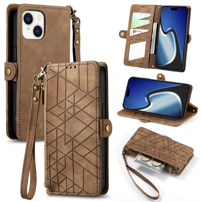 Estuche de teléfono de cuero con hebilla lateral de billetera con cremallera geométrica, For iPhone 17e / 16e, For iPhone 17 Pro Max, For iPhone 17 Pro, For iPhone 17, For iPhone Air, For iPhone 16 Pro Max, For iPhone 16 Pro, For iPhone 16 Plus        ...