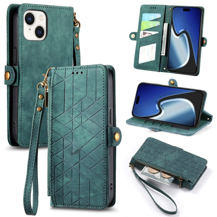 Estuche de teléfono de cuero con hebilla lateral de billetera con cremallera geométrica, For iPhone 17e / 16e, For iPhone 17 Pro Max, For iPhone 17 Pro, For iPhone 17, For iPhone Air, For iPhone 16 Pro Max, For iPhone 16 Pro, For iPhone 16 Plus        ...