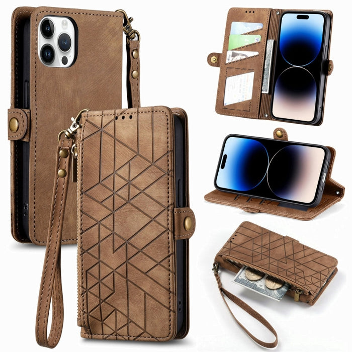 Estuche de teléfono de cuero con hebilla lateral de billetera con cremallera geométrica, For iPhone 17e / 16e, For iPhone 17 Pro Max, For iPhone 17 Pro, For iPhone 17, For iPhone Air, For iPhone 16 Pro Max, For iPhone 16 Pro, For iPhone 16 Plus        ...