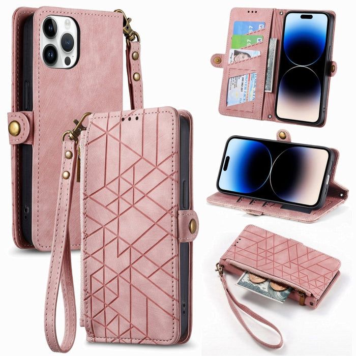 Estuche de teléfono de cuero con hebilla lateral de billetera con cremallera geométrica, For iPhone 17e / 16e, For iPhone 17 Pro Max, For iPhone 17 Pro, For iPhone 17, For iPhone Air, For iPhone 16 Pro Max, For iPhone 16 Pro, For iPhone 16 Plus        ...