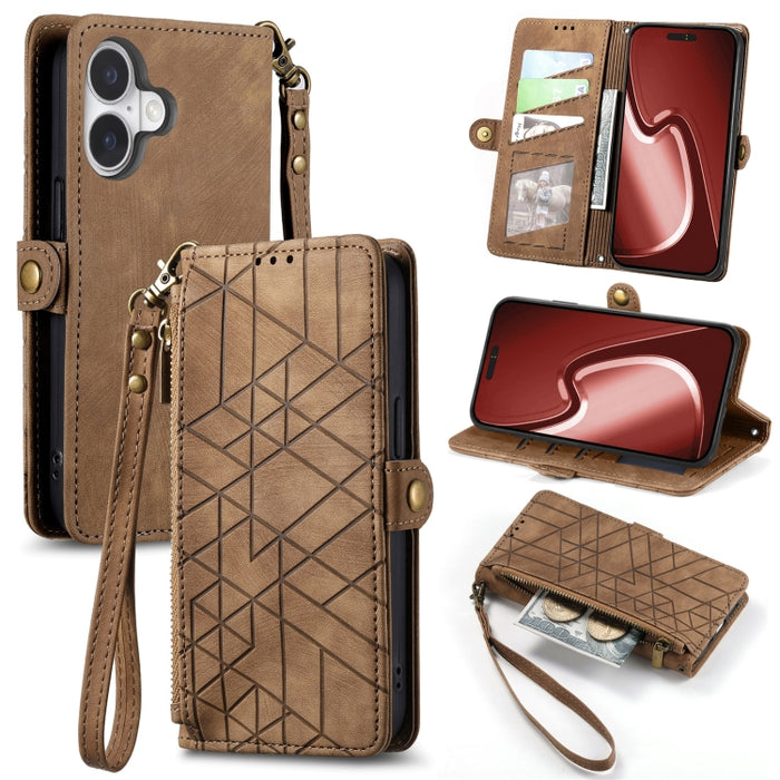 Estuche de teléfono de cuero con hebilla lateral de billetera con cremallera geométrica, For iPhone 17e / 16e, For iPhone 17 Pro Max, For iPhone 17 Pro, For iPhone 17, For iPhone Air, For iPhone 16 Pro Max, For iPhone 16 Pro, For iPhone 16 Plus        ...