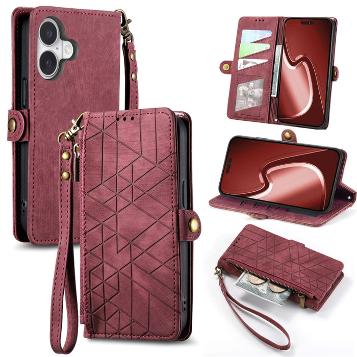 Estuche de teléfono de cuero con hebilla lateral de billetera con cremallera geométrica, For iPhone 17e / 16e, For iPhone 17 Pro Max, For iPhone 17 Pro, For iPhone 17, For iPhone Air, For iPhone 16 Pro Max, For iPhone 16 Pro, For iPhone 16 Plus        ...