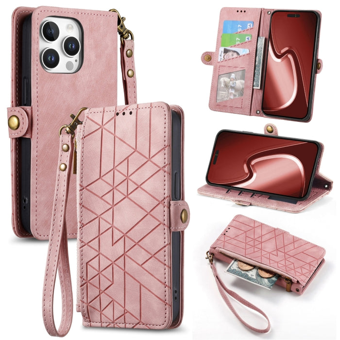 Estuche de teléfono de cuero con hebilla lateral de billetera con cremallera geométrica, For iPhone 17e / 16e, For iPhone 17 Pro Max, For iPhone 17 Pro, For iPhone 17, For iPhone Air, For iPhone 16 Pro Max, For iPhone 16 Pro, For iPhone 16 Plus        ...