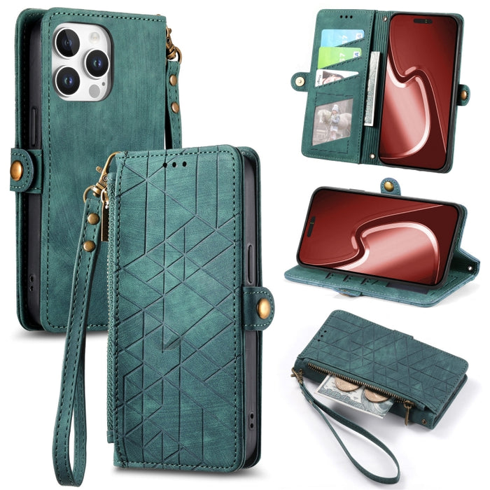 Estuche de teléfono de cuero con hebilla lateral de billetera con cremallera geométrica, For iPhone 17e / 16e, For iPhone 17 Pro Max, For iPhone 17 Pro, For iPhone 17, For iPhone Air, For iPhone 16 Pro Max, For iPhone 16 Pro, For iPhone 16 Plus        ...