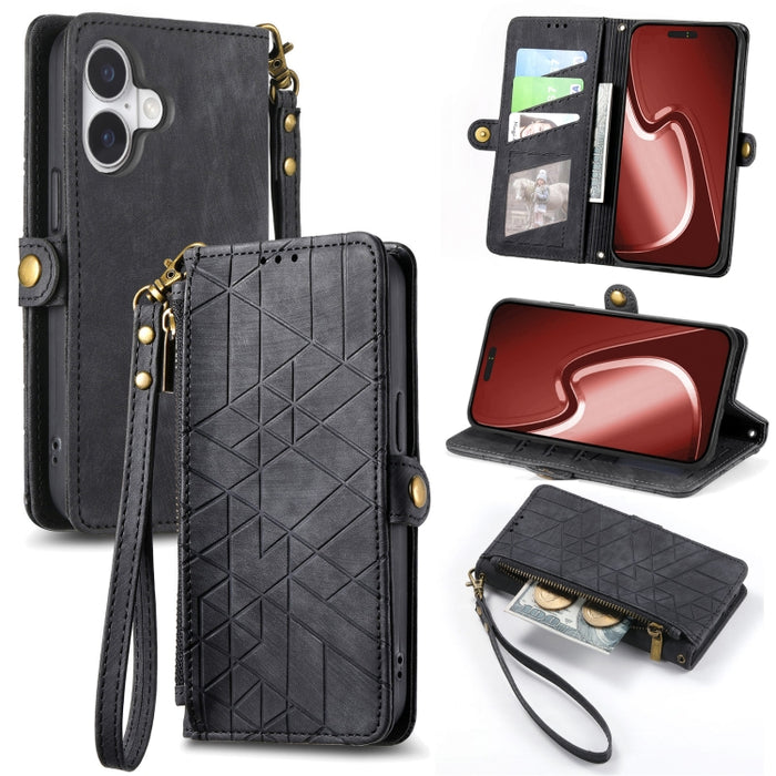 Estuche de teléfono de cuero con hebilla lateral de billetera con cremallera geométrica, For iPhone 17e / 16e, For iPhone 17 Pro Max, For iPhone 17 Pro, For iPhone 17, For iPhone Air, For iPhone 16 Pro Max, For iPhone 16 Pro, For iPhone 16 Plus        ...