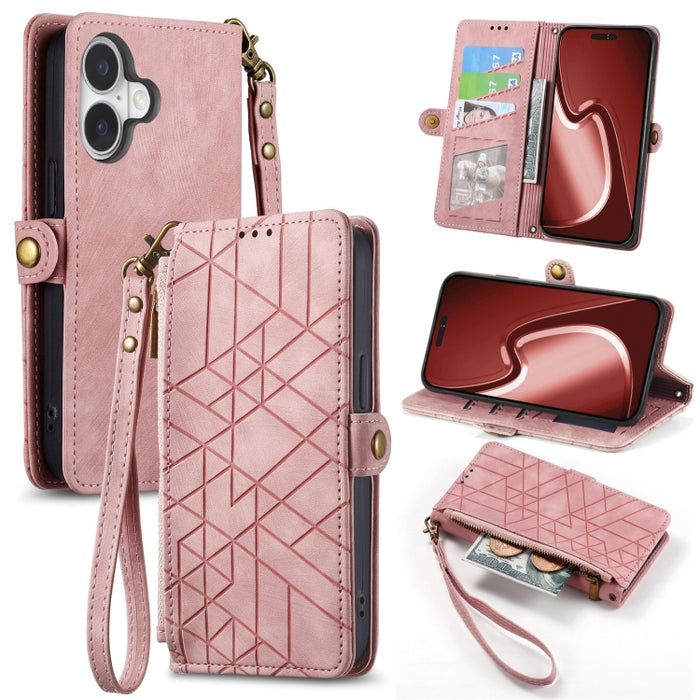 Estuche de teléfono de cuero con hebilla lateral de billetera con cremallera geométrica, For iPhone 17e / 16e, For iPhone 17 Pro Max, For iPhone 17 Pro, For iPhone 17, For iPhone Air, For iPhone 16 Pro Max, For iPhone 16 Pro, For iPhone 16 Plus        ...