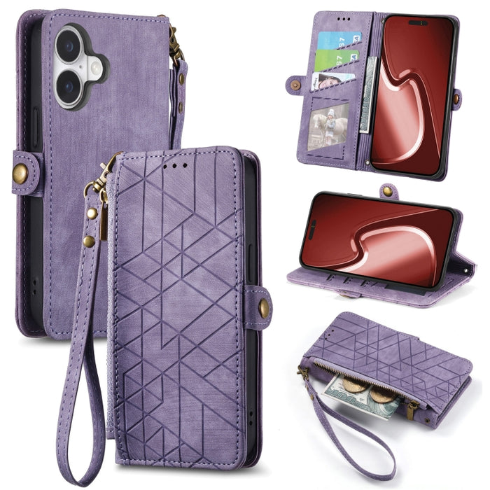Estuche de teléfono de cuero con hebilla lateral de billetera con cremallera geométrica, For iPhone 17e / 16e, For iPhone 17 Pro Max, For iPhone 17 Pro, For iPhone 17, For iPhone Air, For iPhone 16 Pro Max, For iPhone 16 Pro, For iPhone 16 Plus        ...