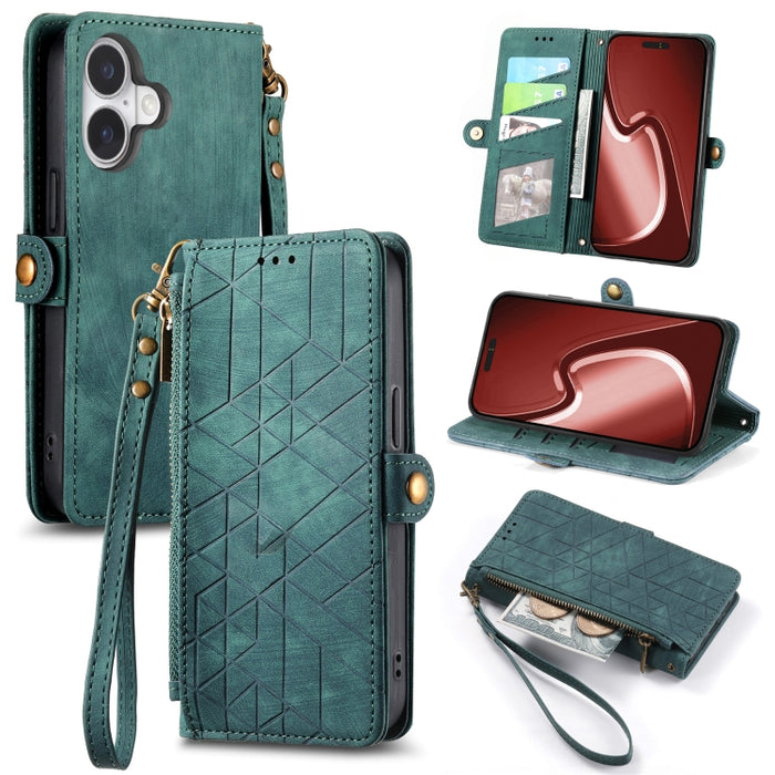 Estuche de teléfono de cuero con hebilla lateral de billetera con cremallera geométrica, For iPhone 17e / 16e, For iPhone 17 Pro Max, For iPhone 17 Pro, For iPhone 17, For iPhone Air, For iPhone 16 Pro Max, For iPhone 16 Pro, For iPhone 16 Plus        ...