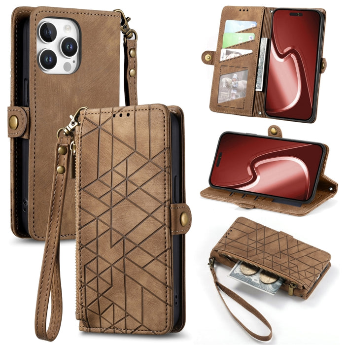 Estuche de teléfono de cuero con hebilla lateral de billetera con cremallera geométrica, For iPhone 17e / 16e, For iPhone 17 Pro Max, For iPhone 17 Pro, For iPhone 17, For iPhone Air, For iPhone 16 Pro Max, For iPhone 16 Pro, For iPhone 16 Plus        ...