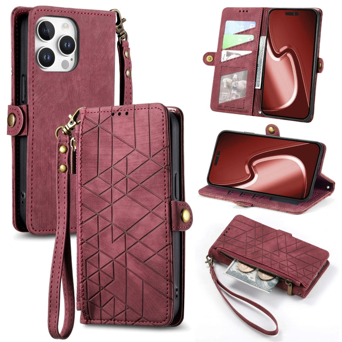 Estuche de teléfono de cuero con hebilla lateral de billetera con cremallera geométrica, For iPhone 17e / 16e, For iPhone 17 Pro Max, For iPhone 17 Pro, For iPhone 17, For iPhone Air, For iPhone 16 Pro Max, For iPhone 16 Pro, For iPhone 16 Plus        ...