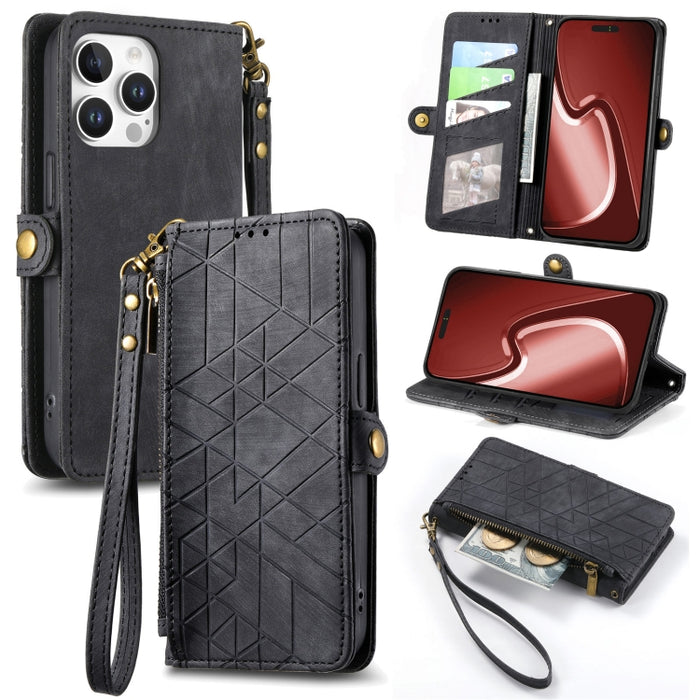 Estuche de teléfono de cuero con hebilla lateral de billetera con cremallera geométrica, For iPhone 17e / 16e, For iPhone 17 Pro Max, For iPhone 17 Pro, For iPhone 17, For iPhone Air, For iPhone 16 Pro Max, For iPhone 16 Pro, For iPhone 16 Plus        ...