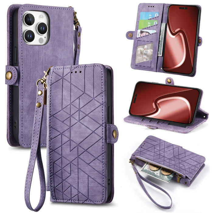 Estuche de teléfono de cuero con hebilla lateral de billetera con cremallera geométrica, For iPhone 17e / 16e, For iPhone 17 Pro Max, For iPhone 17 Pro, For iPhone 17, For iPhone Air, For iPhone 16 Pro Max, For iPhone 16 Pro, For iPhone 16 Plus        ...