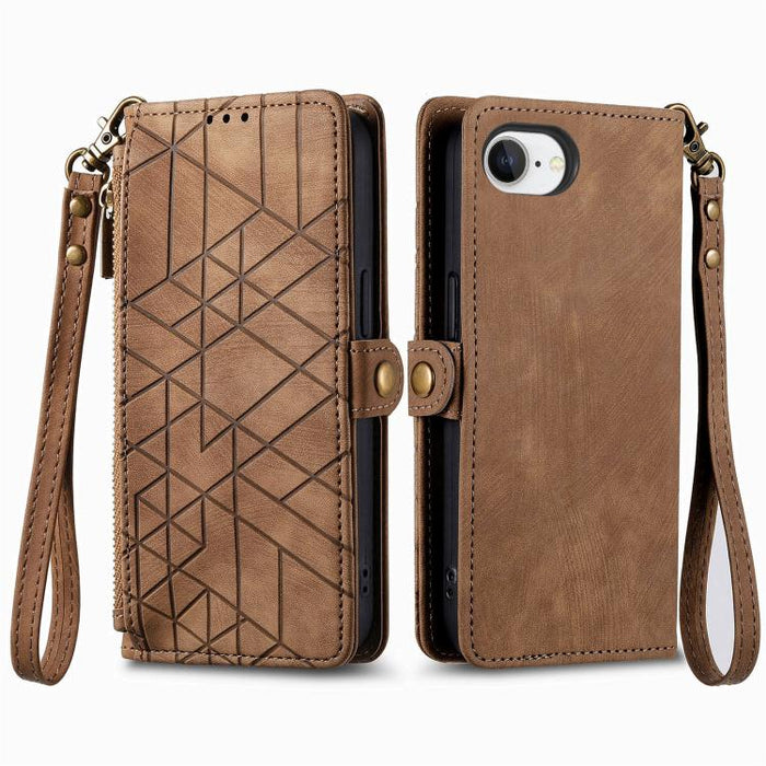 Estuche de teléfono de cuero con hebilla lateral de billetera con cremallera geométrica, For iPhone 17e / 16e, For iPhone 17 Pro Max, For iPhone 17 Pro, For iPhone 17, For iPhone Air, For iPhone 16 Pro Max, For iPhone 16 Pro, For iPhone 16 Plus        ...