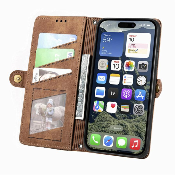Estuche de teléfono de cuero con hebilla lateral de billetera con cremallera geométrica, For iPhone 17e / 16e, For iPhone 17 Pro Max, For iPhone 17 Pro, For iPhone 17, For iPhone Air, For iPhone 16 Pro Max, For iPhone 16 Pro, For iPhone 16 Plus        ...