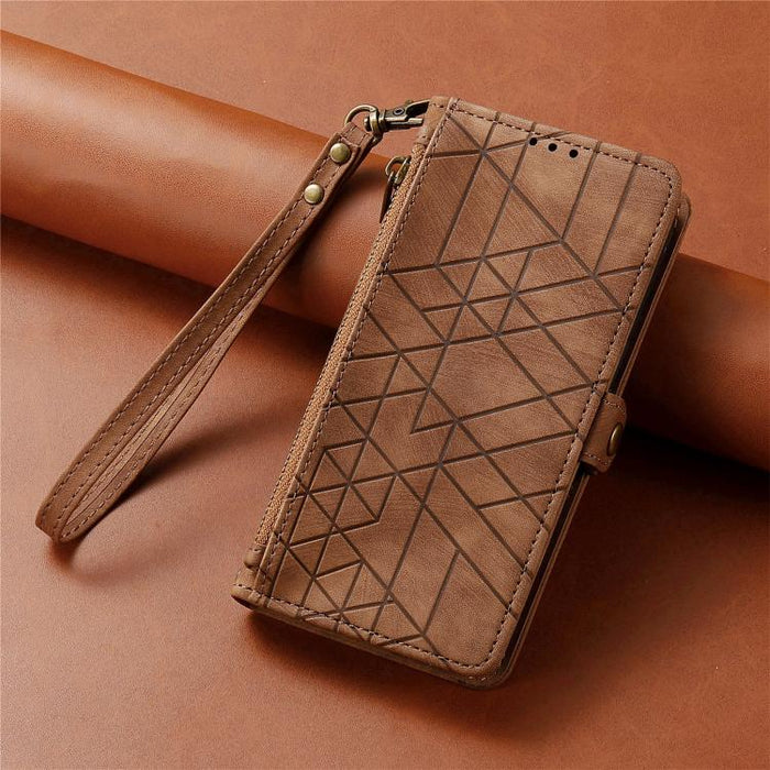 Estuche de teléfono de cuero con hebilla lateral de billetera con cremallera geométrica, For iPhone 17e / 16e, For iPhone 17 Pro Max, For iPhone 17 Pro, For iPhone 17, For iPhone Air, For iPhone 16 Pro Max, For iPhone 16 Pro, For iPhone 16 Plus        ...