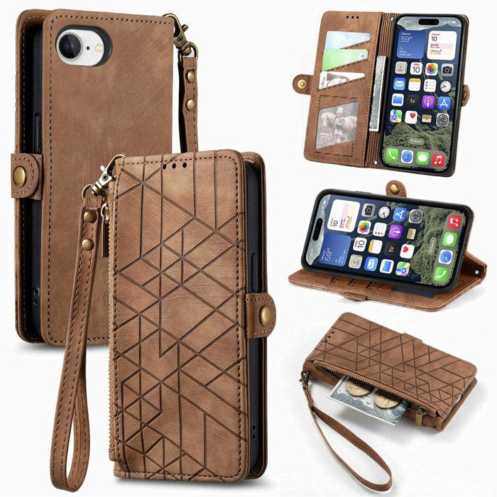 Estuche de teléfono de cuero con hebilla lateral de billetera con cremallera geométrica, For iPhone 17e / 16e, For iPhone 17 Pro Max, For iPhone 17 Pro, For iPhone 17, For iPhone Air, For iPhone 16 Pro Max, For iPhone 16 Pro, For iPhone 16 Plus        ...