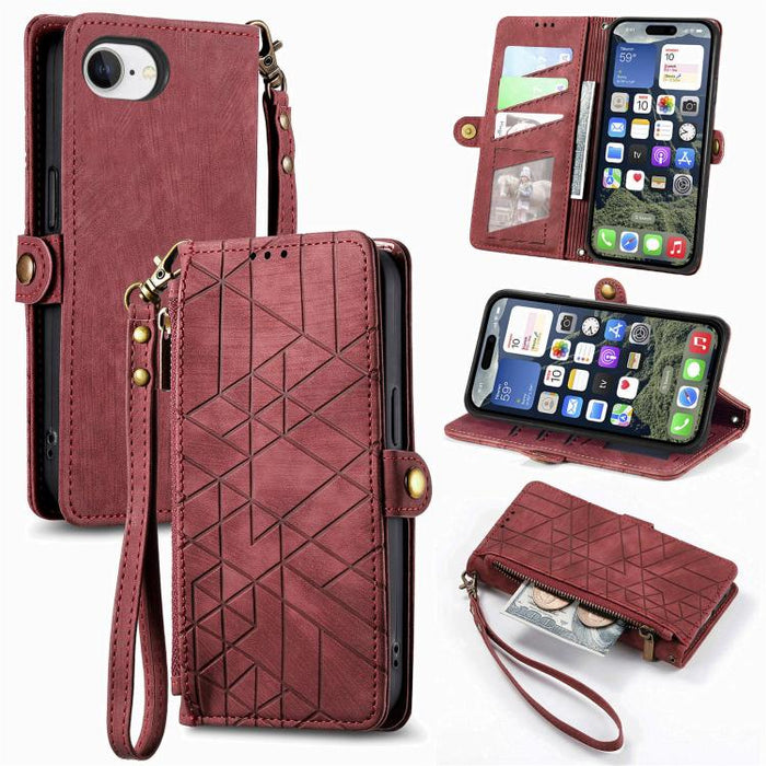 Estuche de teléfono de cuero con hebilla lateral de billetera con cremallera geométrica, For iPhone 17e / 16e, For iPhone 17 Pro Max, For iPhone 17 Pro, For iPhone 17, For iPhone Air, For iPhone 16 Pro Max, For iPhone 16 Pro, For iPhone 16 Plus        ...